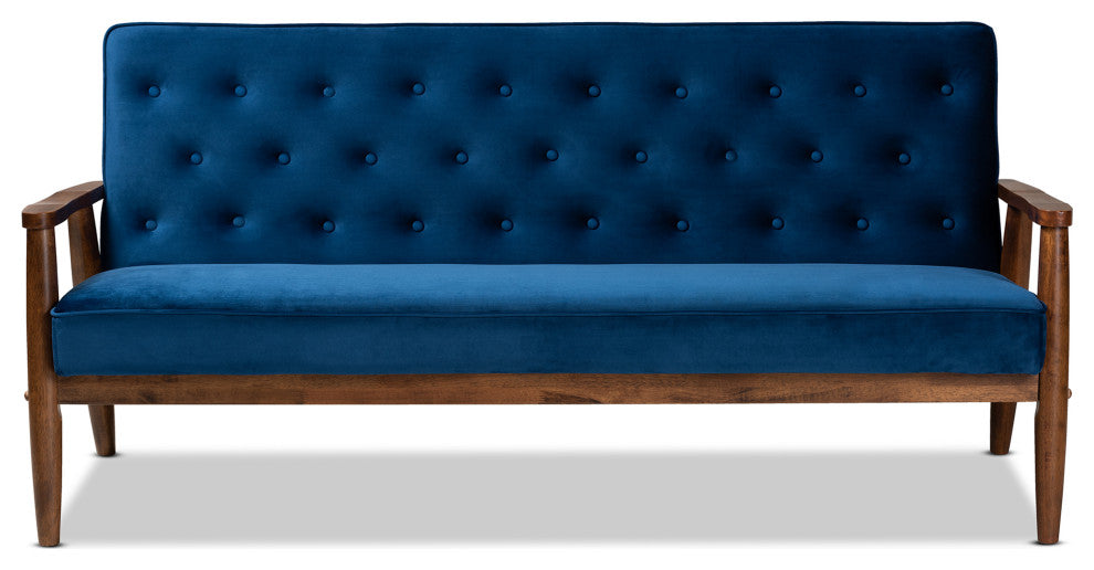 Sorrento Navy Blue Velvet Fabric Walnut Wooden 3-Seater Sofa