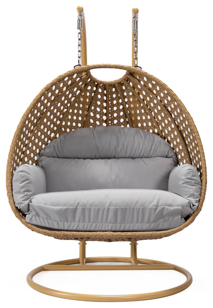LeisureMod Mendoza Light Brown Wicker Hanging Double Egg Swing Chair, Light Gray