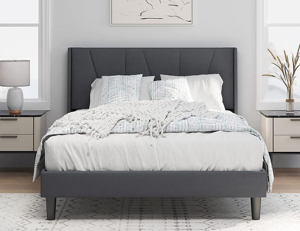 Full Bed Frame, Upholstered Platform Bed with Geometric Headboard and Wingback