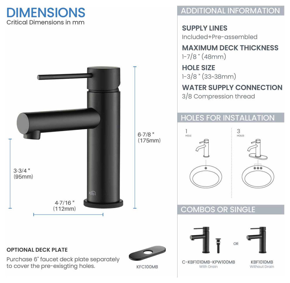 Circular X Brass Single Hole Bathroom Faucet KBF1010, Matte Black, With Drain