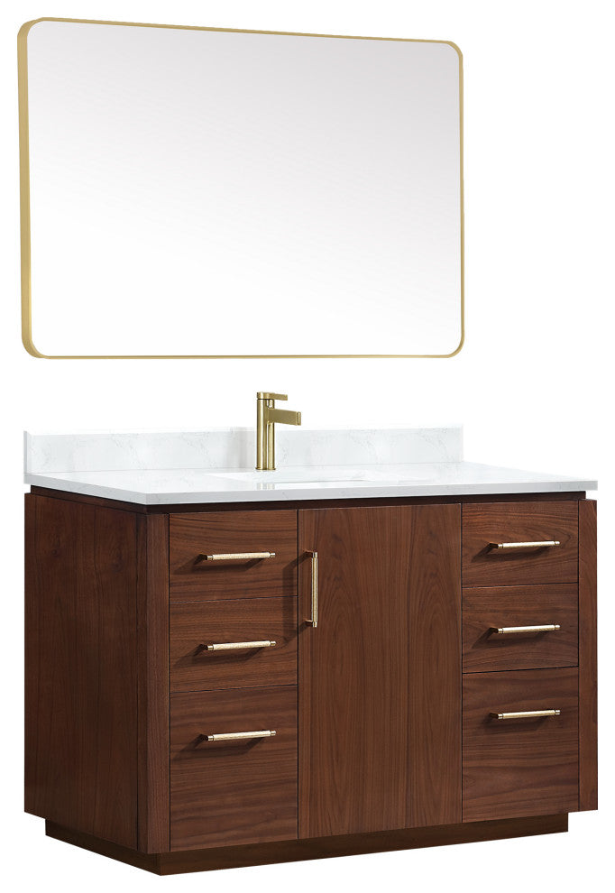 San Bath Vanity with Stone Top, Natural Walnut, 48", Single Vanity, With Mirror
