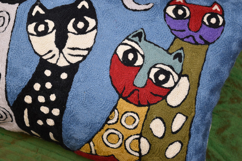 Lumbar Cat Pillow Cover Blue Cute Cat Cushion Cat Face Pillow Handmade Wool14x20