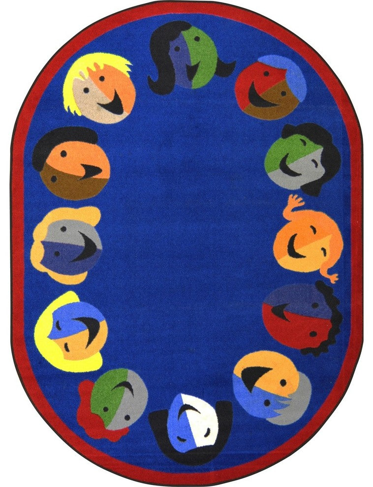 Kid Essentials Rug, Joyful Faces, 5'4"x7'8" Oval, Blue