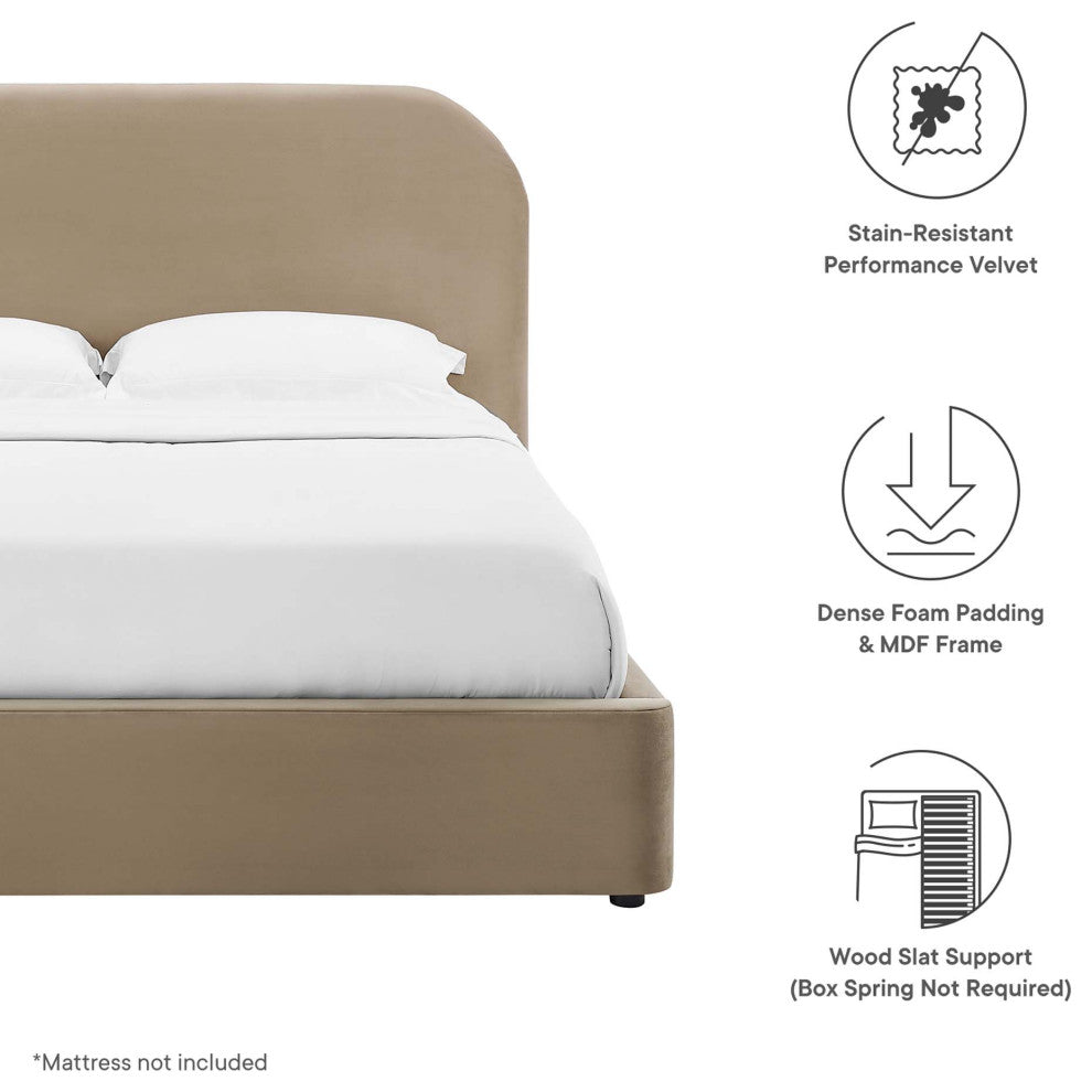 Keynote Performance Velvet Curved Queen Platform Bed, Taupe