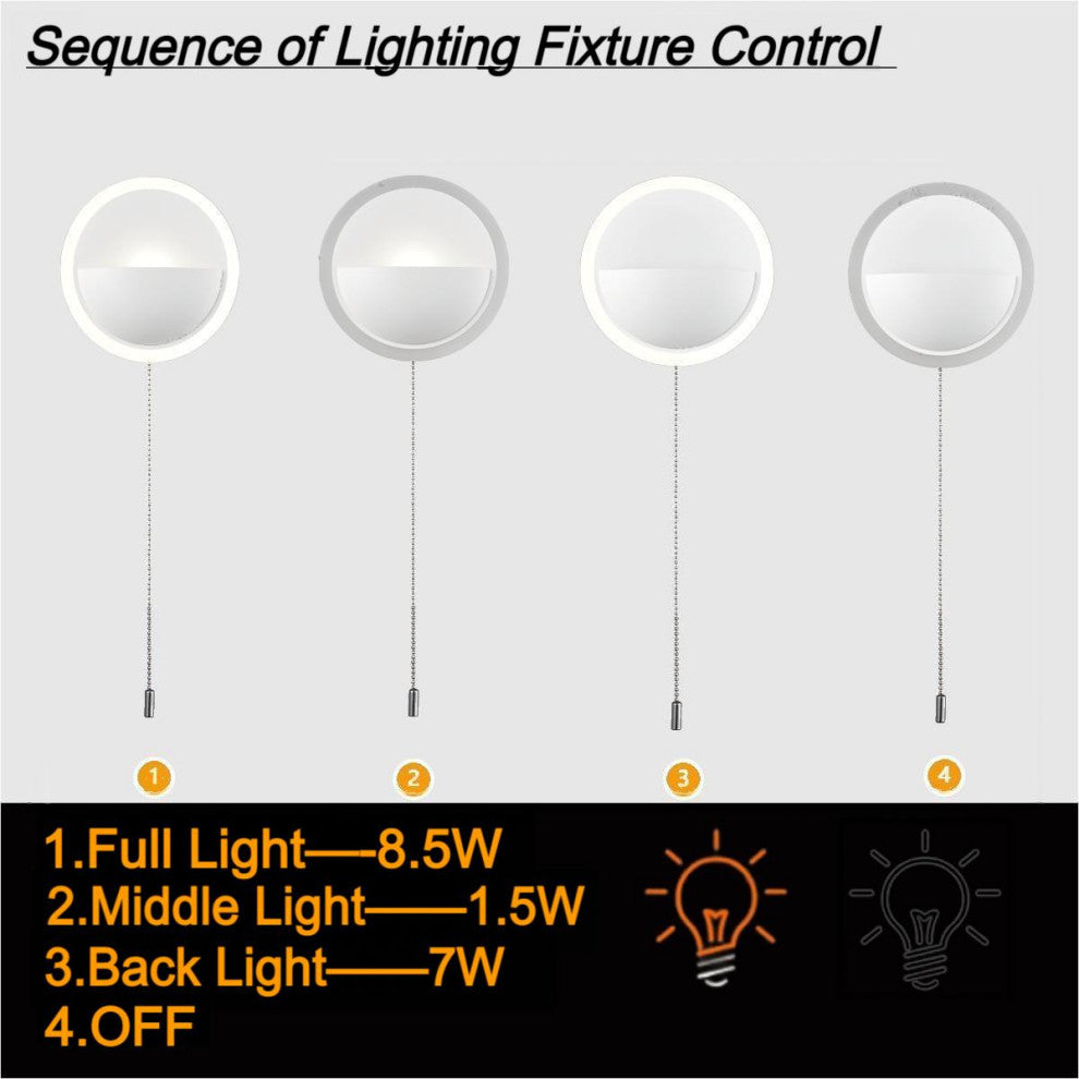 Simple Round Acrylic LED Wall Sconce 8.5W-4000K With Pull Chain Switch