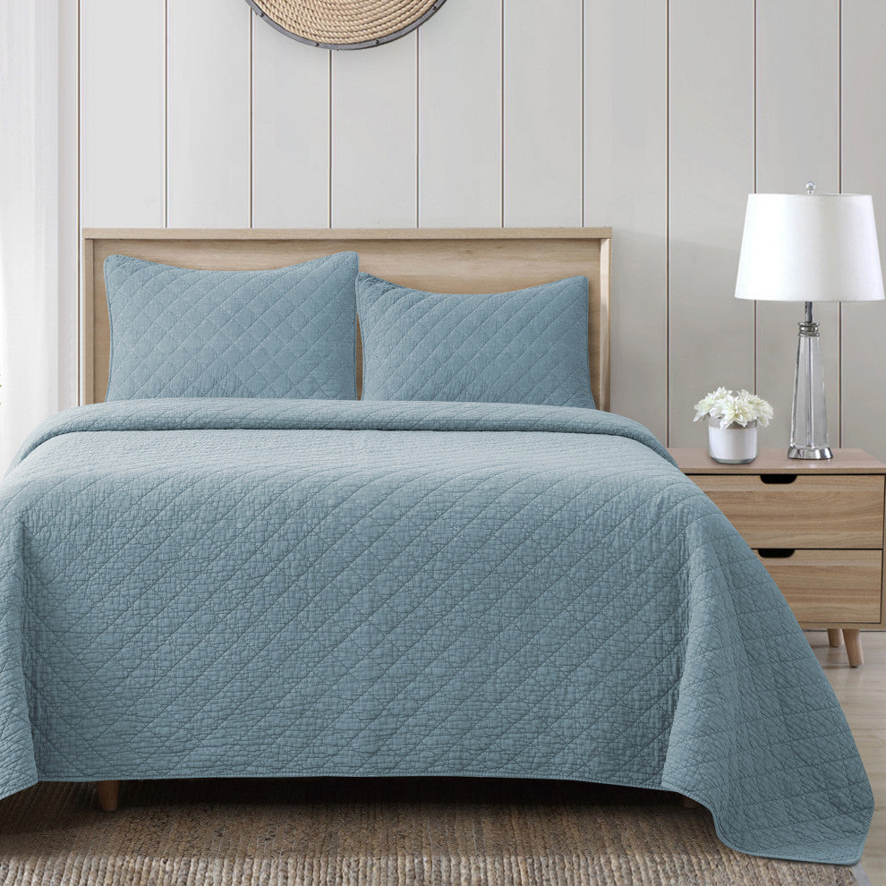 Stonewashed Cotton Gauze Quilt Set, 3-Piece, Mineral Blue, King