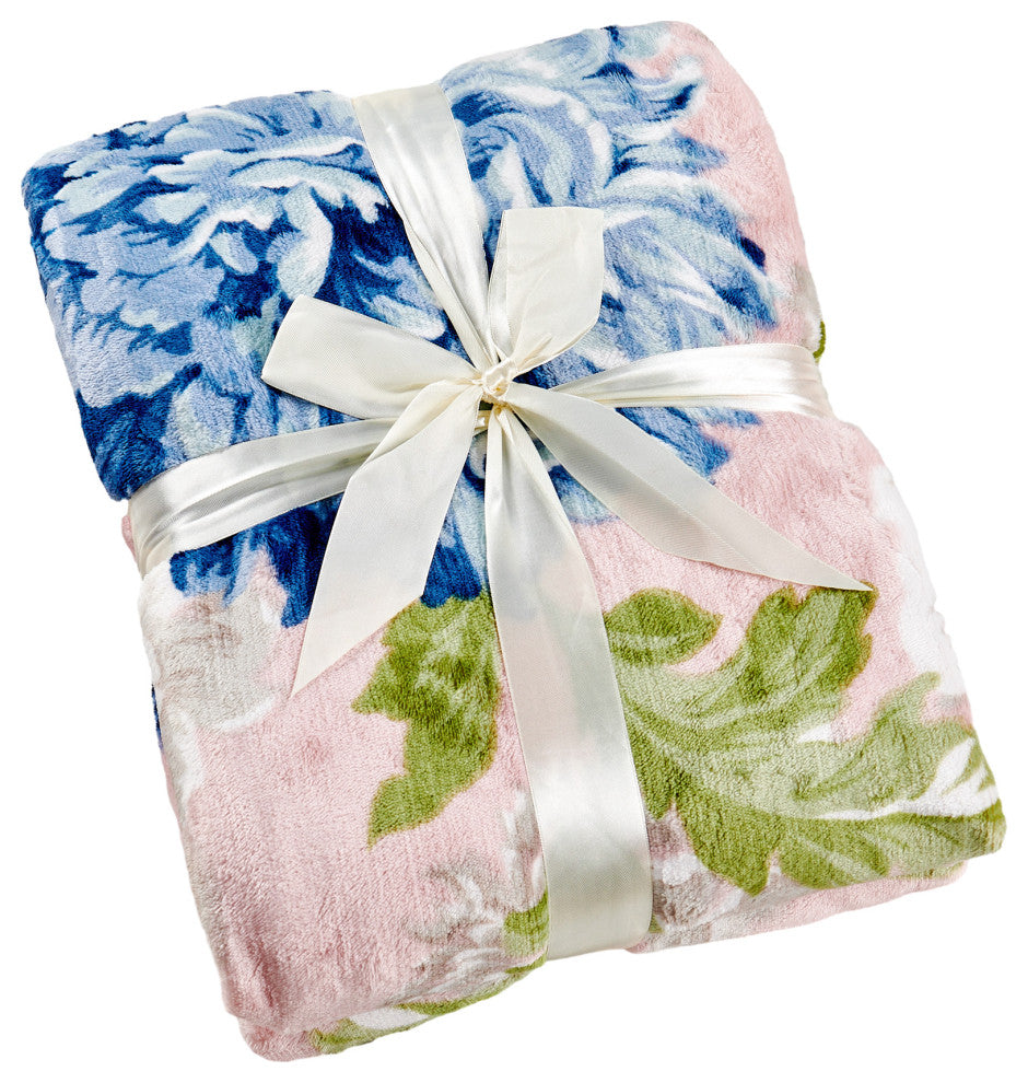 Floral Printed Flannel Throw, Geranium Blue