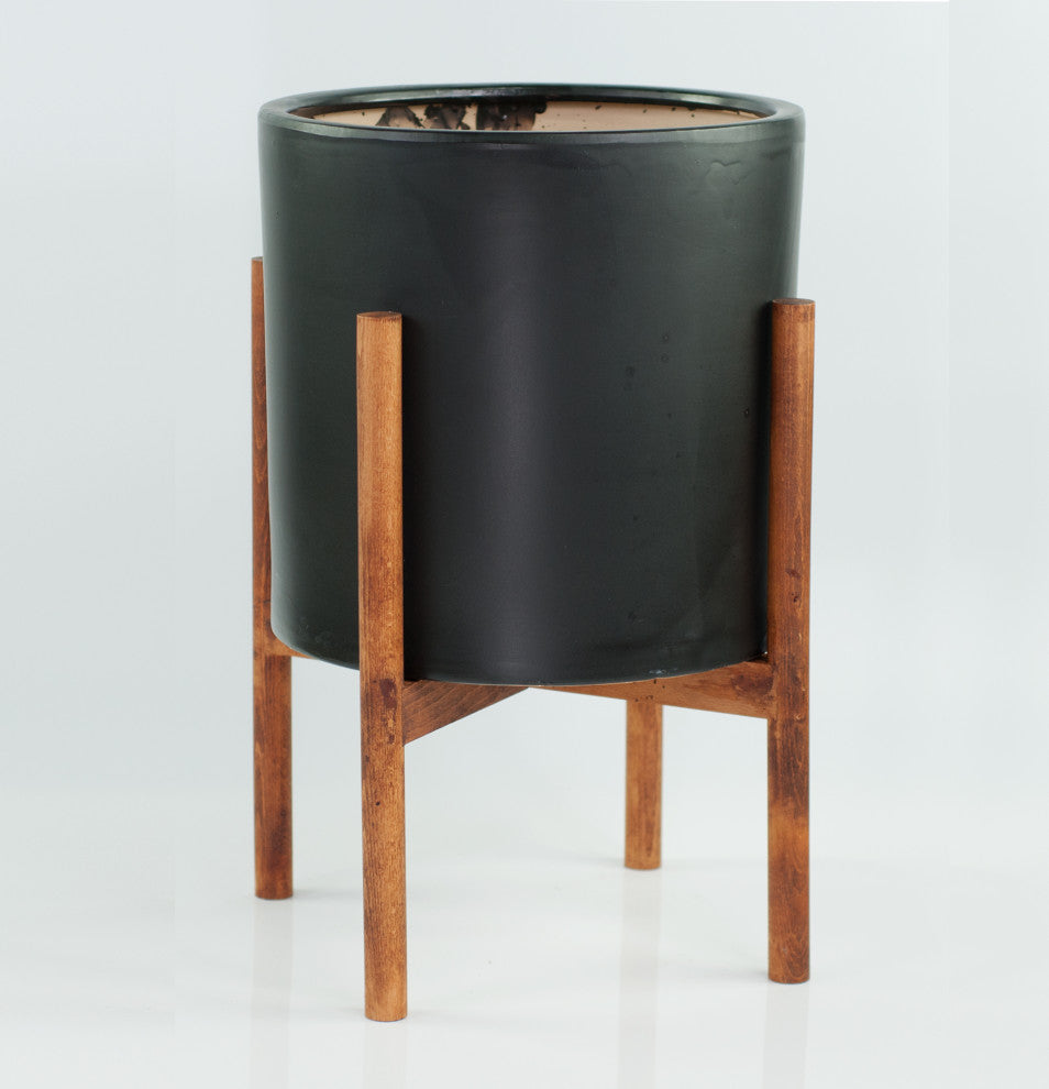 X Large Ceramic Pot 13" Black With Plant Stand Walnut Color Extra Large Planter