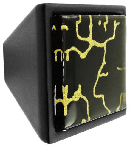 Hand Painted Abstract Golden Curls Crystal Glass Black Metal Square Frustum Knob