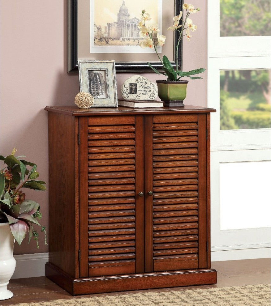Benzara BM186393 Double Door Shoe Cabinet with Blocked Panel Feet, Brown