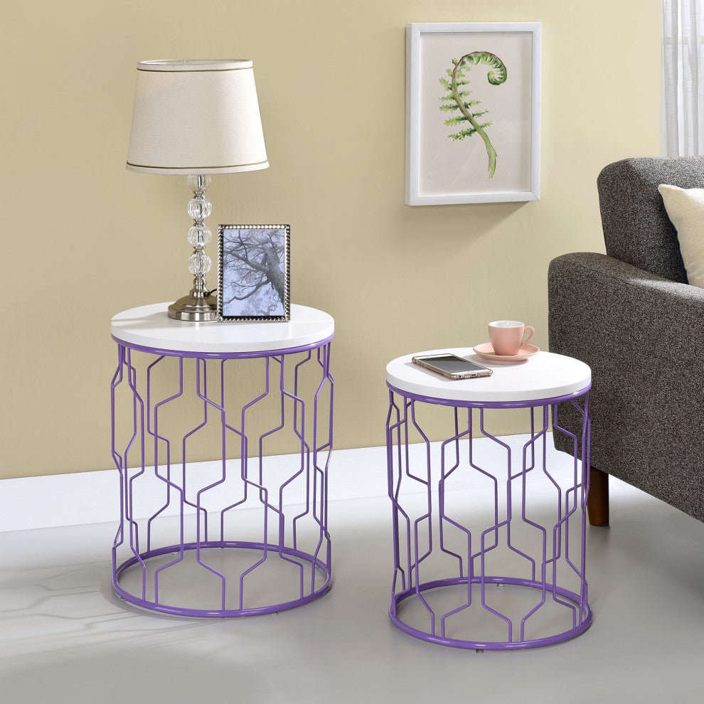 Set of 2 Nesting Nightstand, Geometric Metal Base With Round Top, Purple