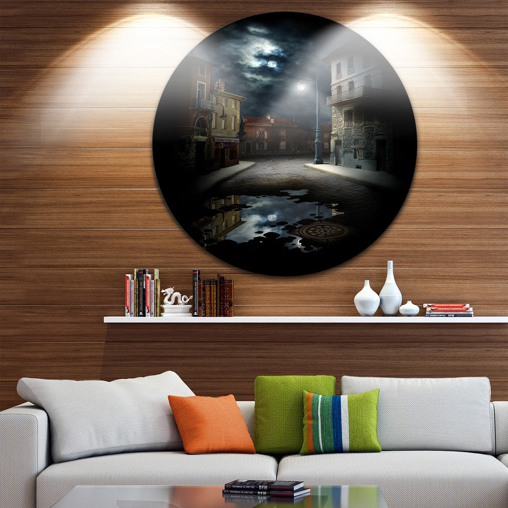 Night Street Collage, Landscape Art Round Metal Wall Art, 36"
