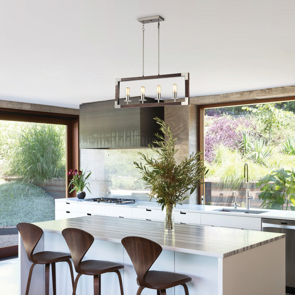 4-Light Brushed Nickel and Wood Farmhouse Island Linear Chandelier