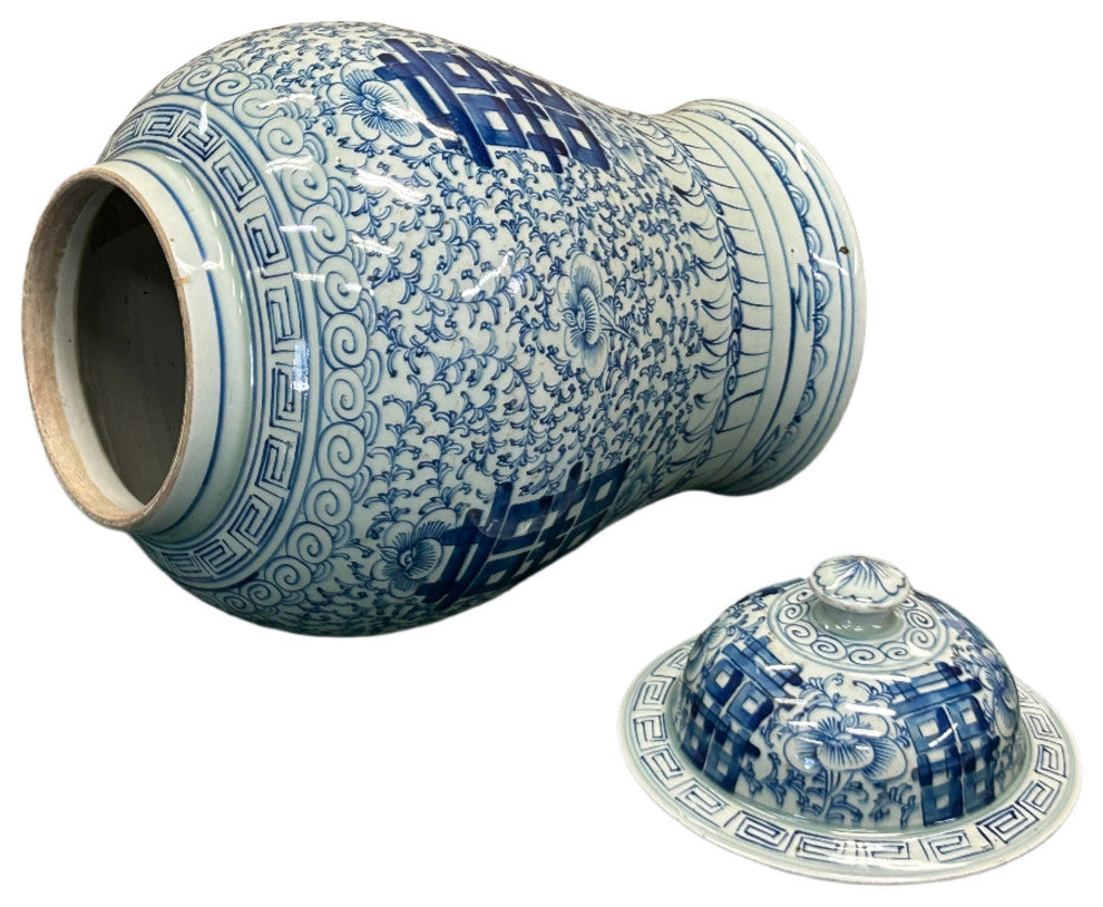 Vintage Blue White Double Happiness Porcelain Temple General Jar Hws4403