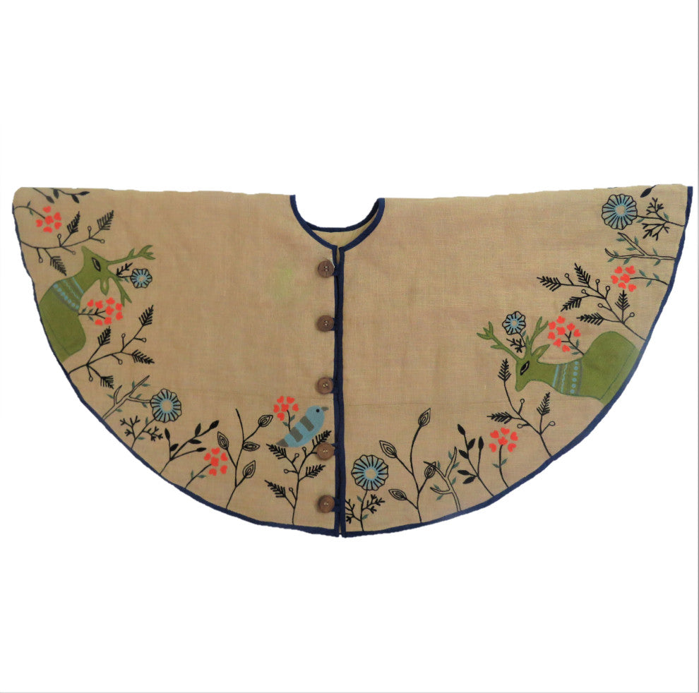 Handmade Christmas Tree Skirt in Jute, Embroidered Forest Scene, 60"