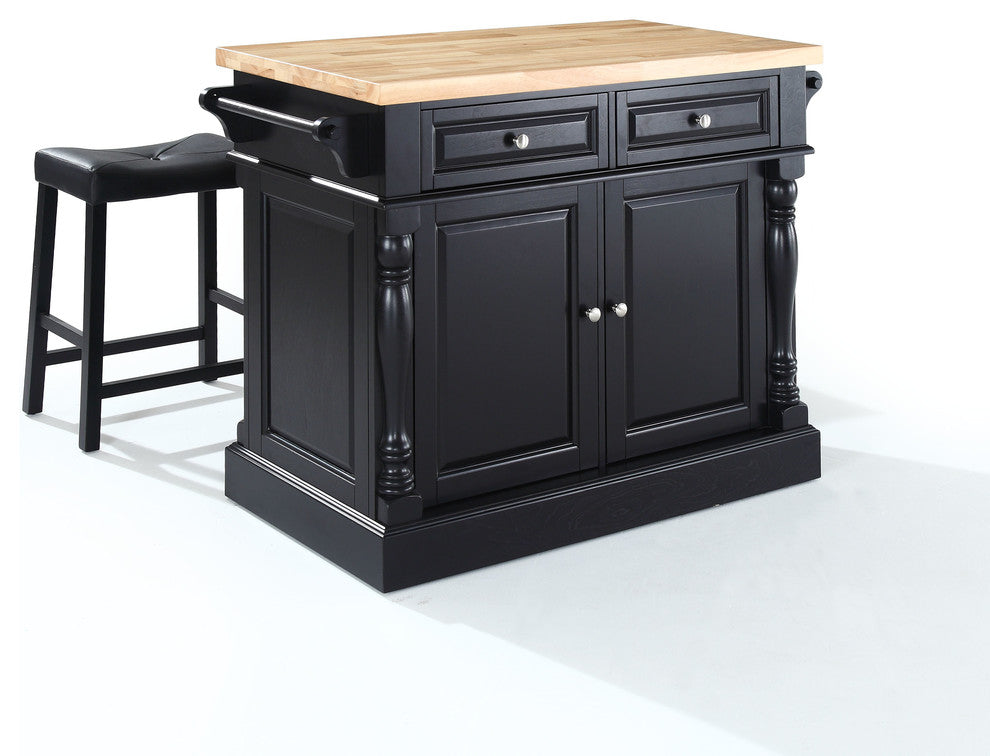 Butcher Block Top Kitchen Island, Black Finish With 24" Black Upholstered Sadd