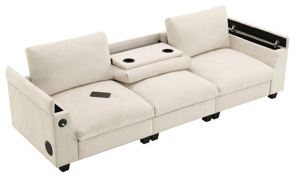 Alice Chenille Sectional Sofa, Bluetooth Speakers & USB Charger, Beige