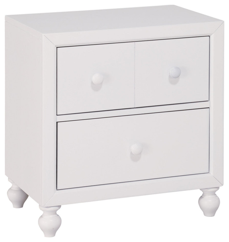 Modern Farmhouse Nightstand, Turned Bun Feet & Smooth Gliding Drawers, White, White