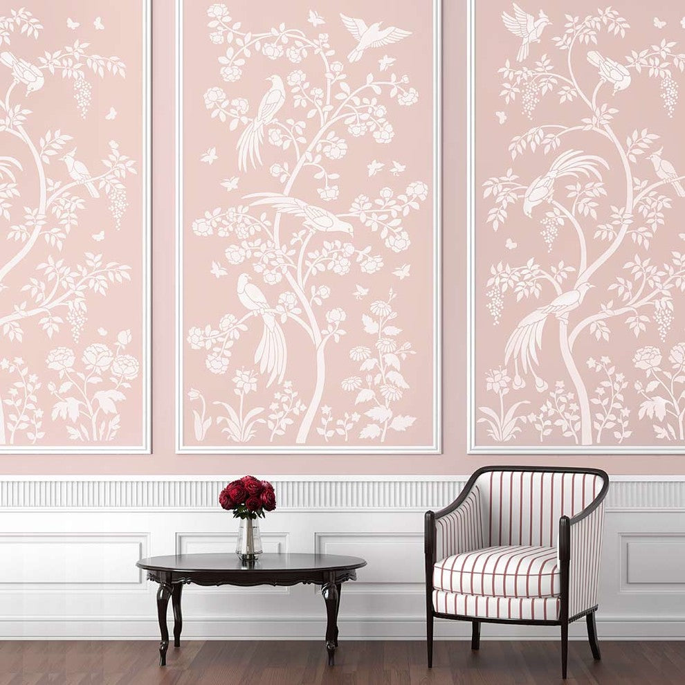 Birds and Roses Chinoiserie Wall Mural Stencil, DIY Asian Garden Decor, Small