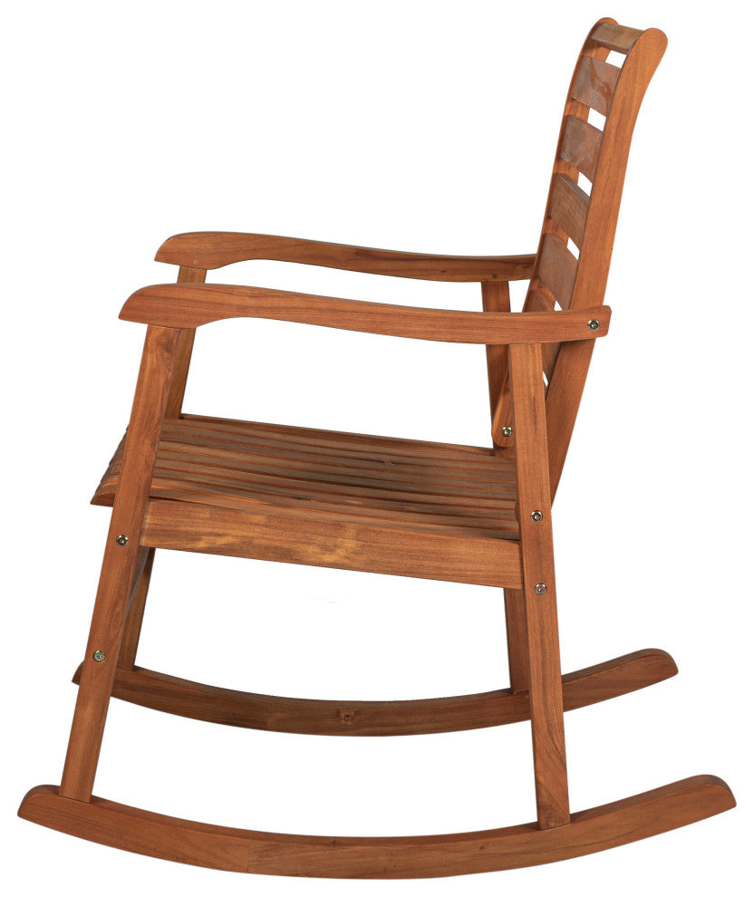 Carey Modern Slat-Back Acacia Wood Patio Outdoor Rocking Chair, Teak
