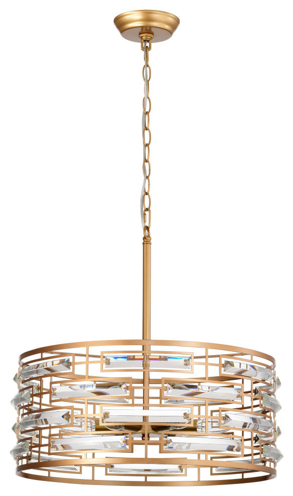 Sue Drum Shade Chandelier With Clear Glass Crystal Prism 6-light, Glossy Brass,
