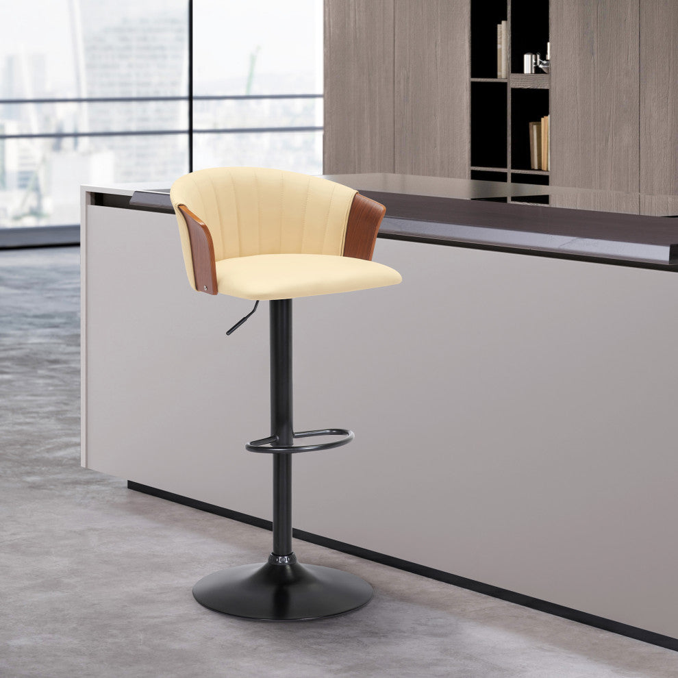 Lydia Adjustable Walnut Wood Bar Stool, Cream Faux Leather With Black Metal, Cream Faux