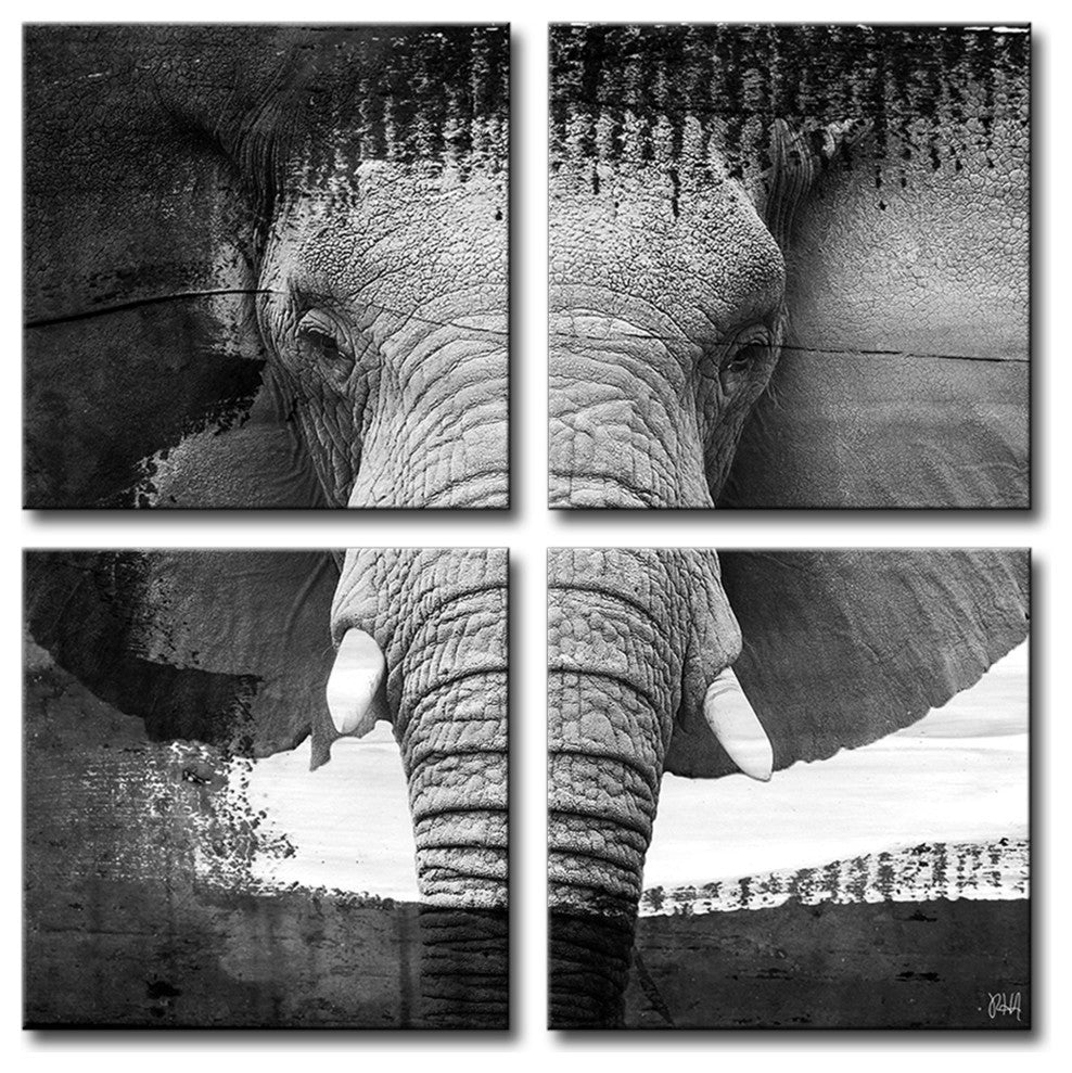 Saddle Ink Elephant VII 4 Panels, 20"x20"