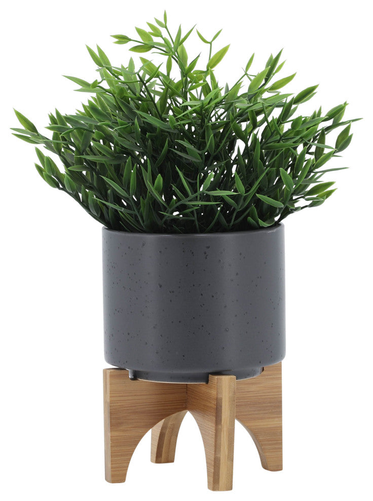 5" Planter With Wood Stand, Matte Gray
