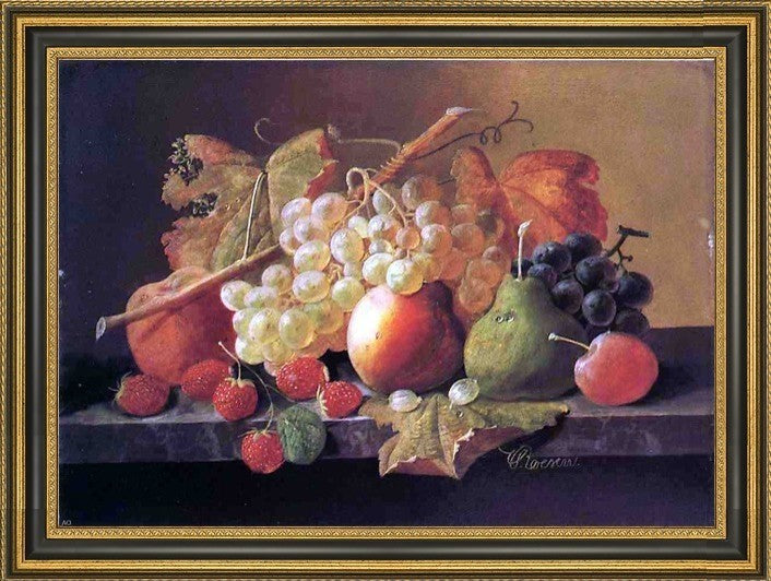 Severin Roesen Fruit on a Marble Ledge Framed Premium Canvas Print, 16"x24"