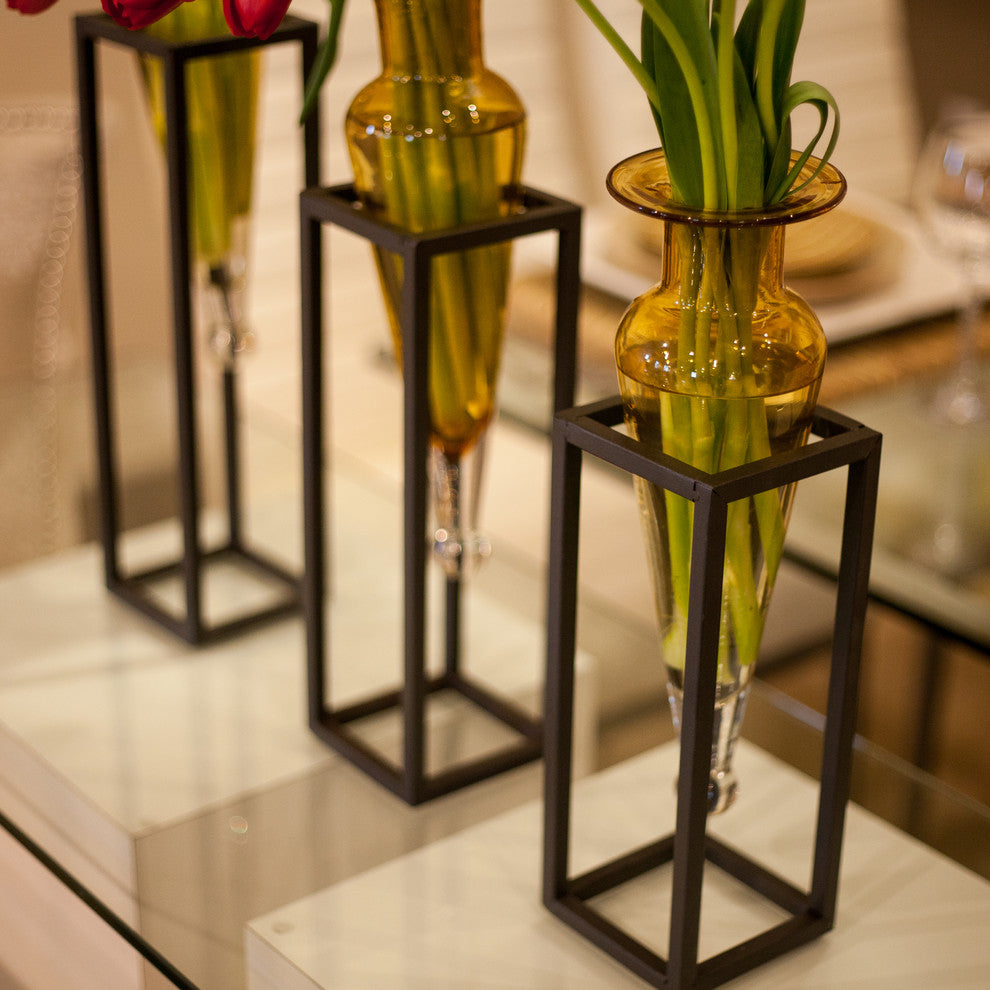 Set of 3 Amphorae Vases on Square Tubing Metal Stands, Amber