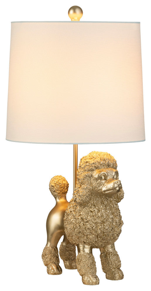23" Gold Resin Poodle Dog Table Lamp With White Drum Shade