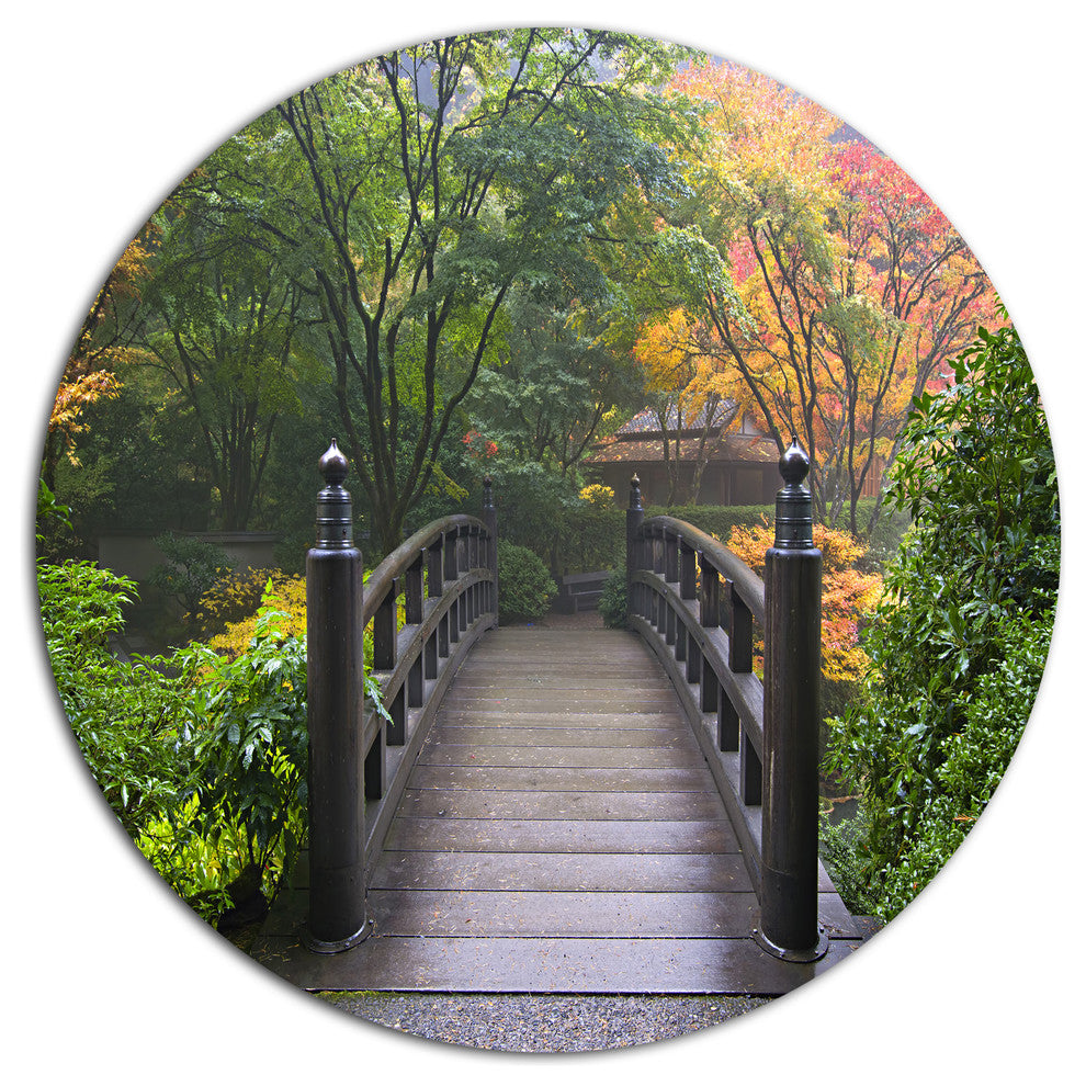 Wood Bridge At Japanese Garden In Fall, Bridge Disc Metal Wall Art, 36"