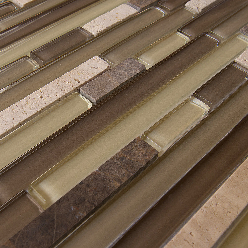12"x12" Glass and Stone Mosaic Tile, Chocolate, Strips, Set of 5