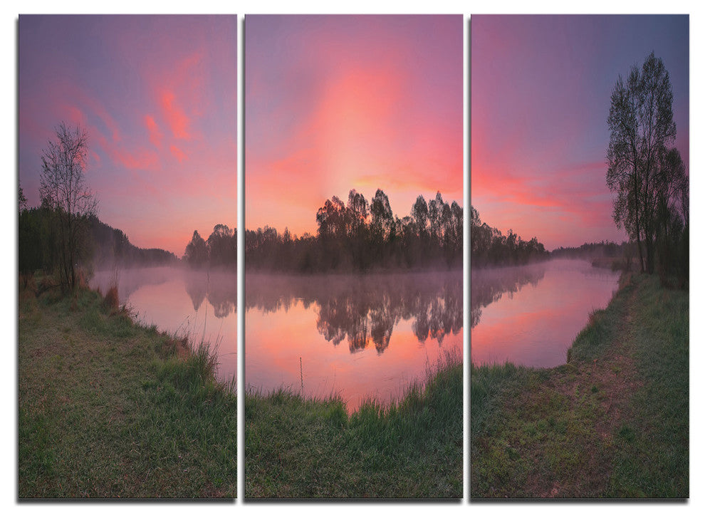 "Purple Tinged Lake Sunrise View" Metal Wall Art, 3 Panels, 36"x28"