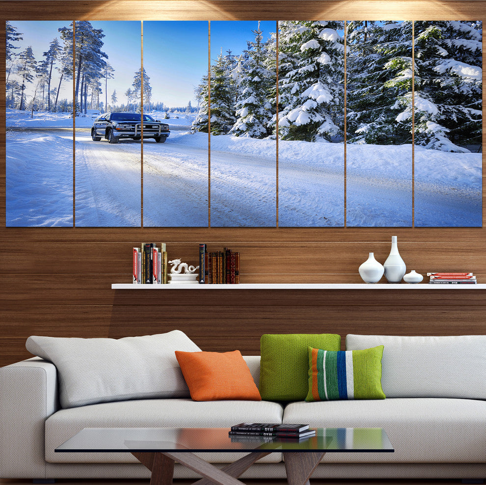 SUV Car Though Snowy Winter, Landscape Canvas Art Print, 83"x32", 7 Panels