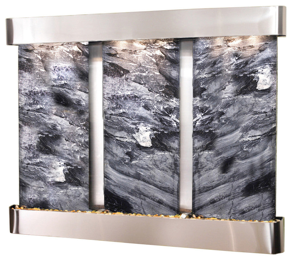 Deep Creek Falls Fountain, Black Marble, Stainless Steel, Round