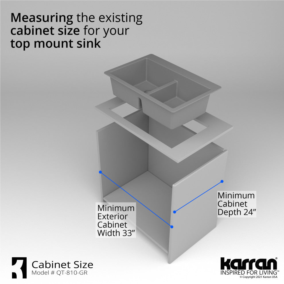 Karran 33" Top Mount Double Equal Bowl Quartz Kitchen Sink Kit, Grey