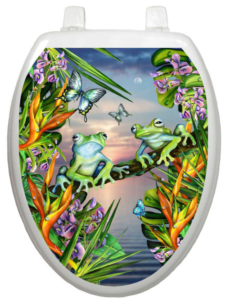 Frogs in Moonlight Toilet Tattoos Seat Cover, Vinyl Lid Decal, Bathroom Decor, Elongated