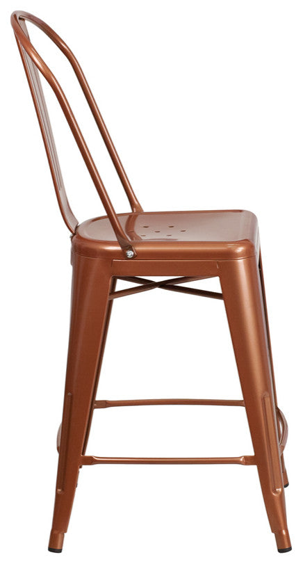 24" High Copper Metal Indoor-Outdoor Counter Stool With Back