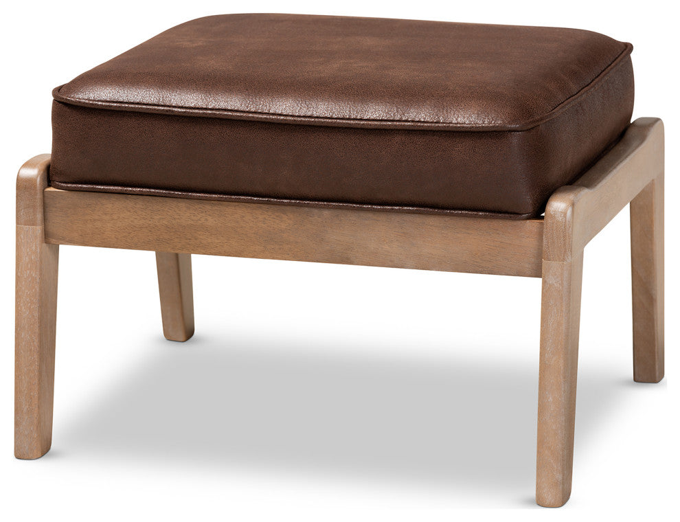 Woodard Dark Brown Faux Leather Effect Upholstered Antique Oak Wood Ottoman