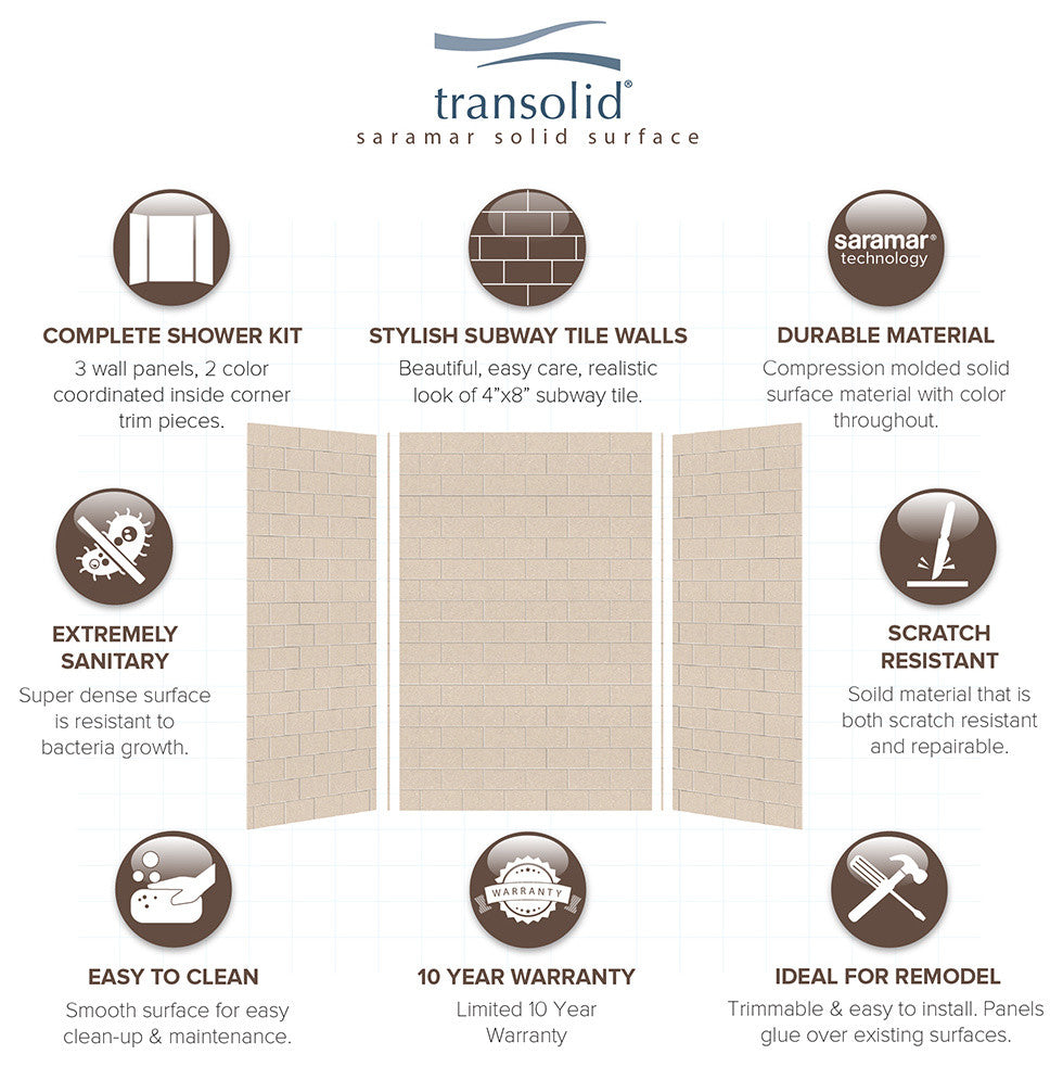 Transolid SaraMar 36" X 48" X 72" Glue to Wall 3-Piece Shower Wall Kit, Cashew