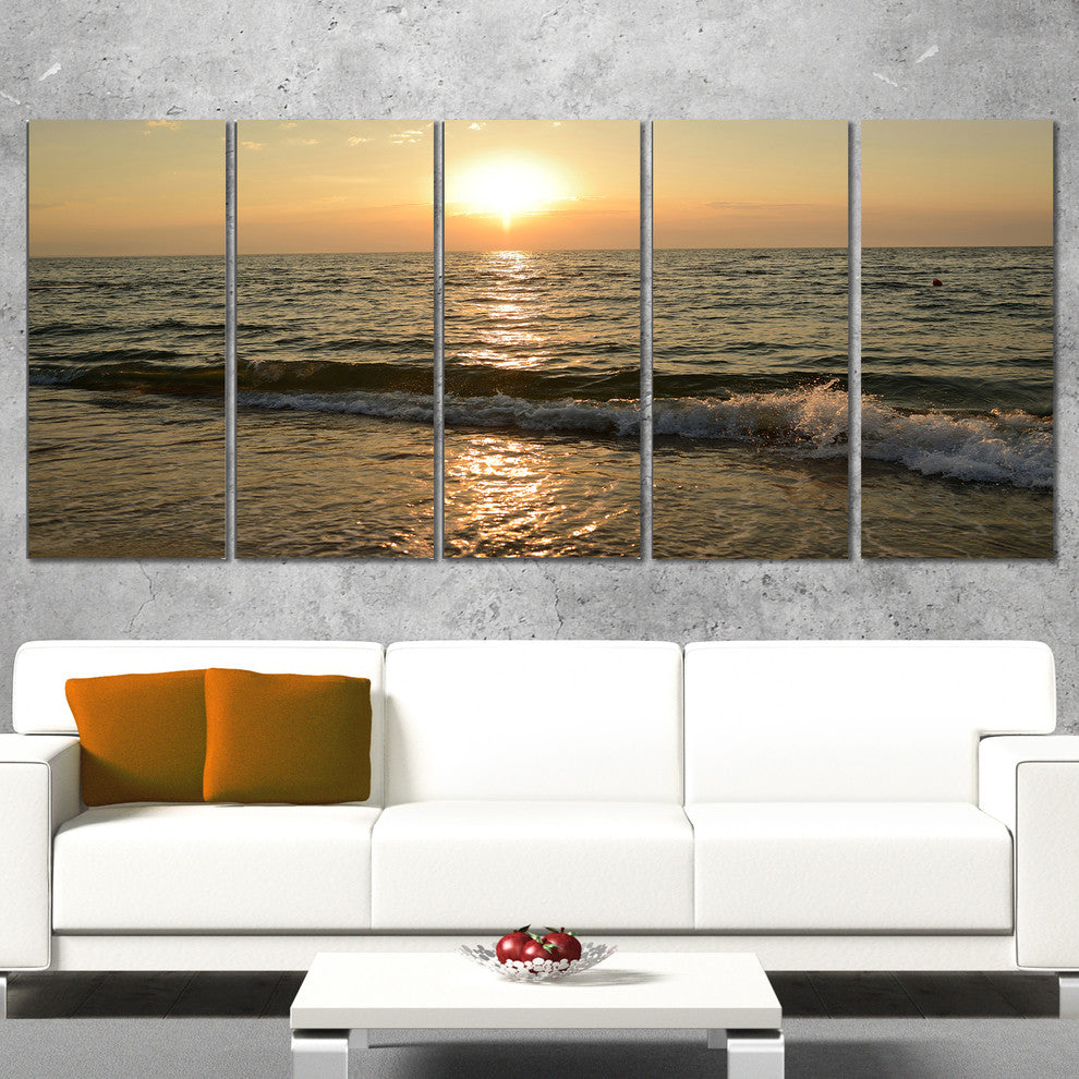 "Black Seascape in Morning Sunlight" Beach Canvas Wall Art, 5 Panels, 60"x28"
