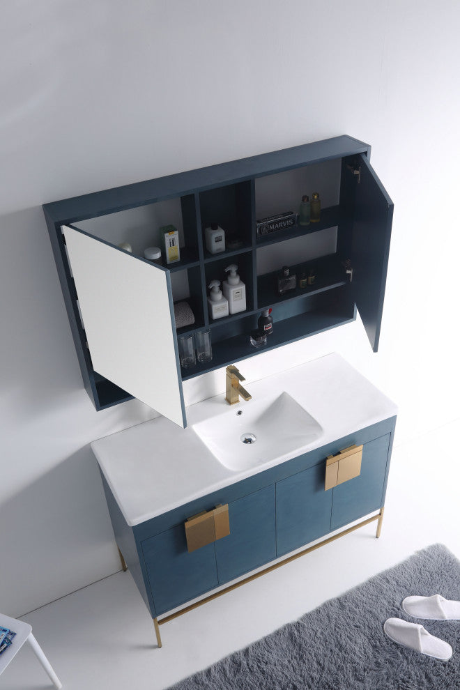 Modern Blue Bathroom Vanity Set, Satin Brass Hardware, Vireous China Sink Top