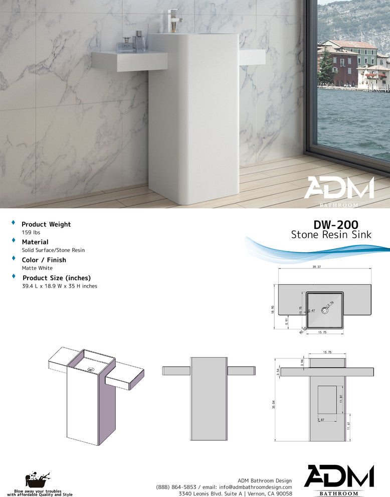 ADM Rectangular Freestanding Pedestal Sink, White, 40", Glossy White