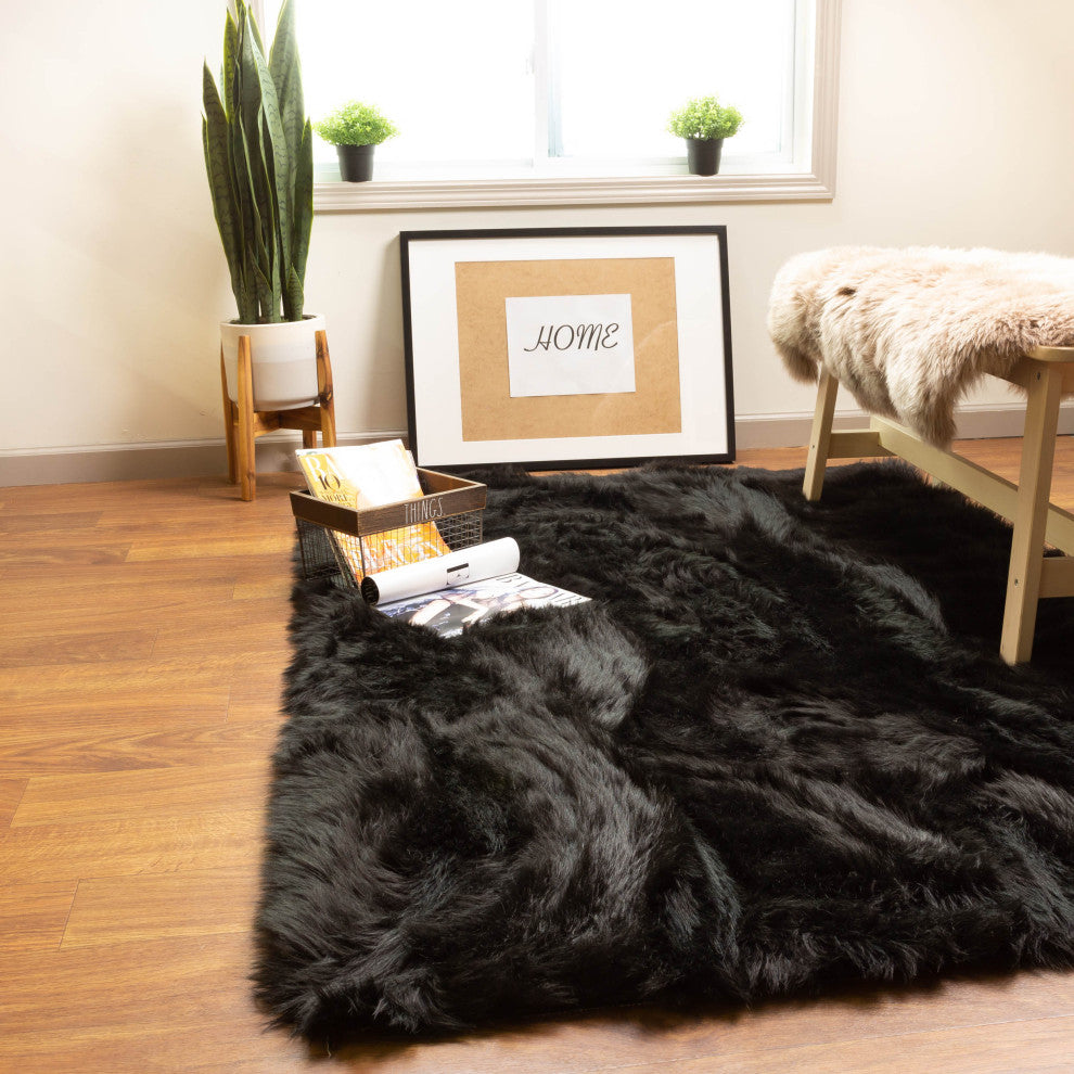 Plush and Soft Faux Sheepskin Fur Shag Area Rug, Black, 3' X 5'