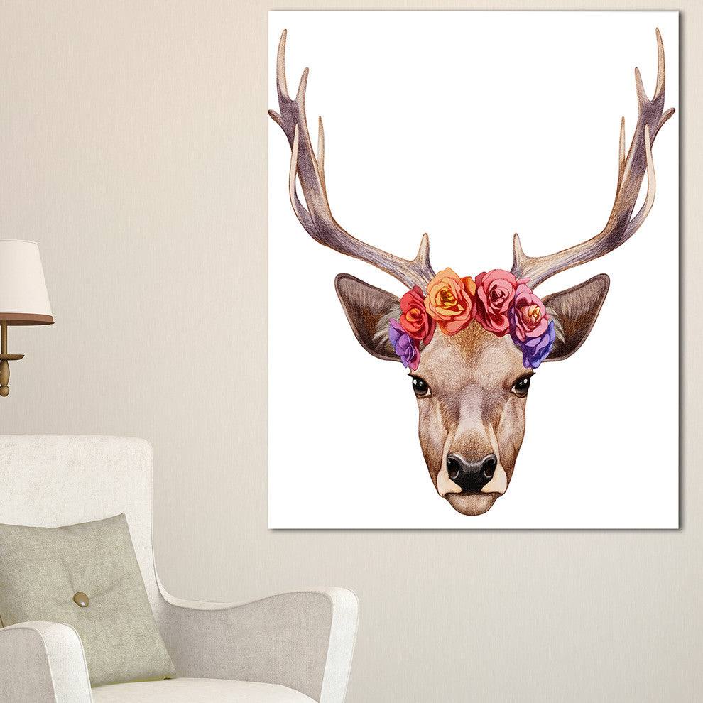 "Deer Portrait With Floral Head" Wall Art, 28"x60", 1 Panel