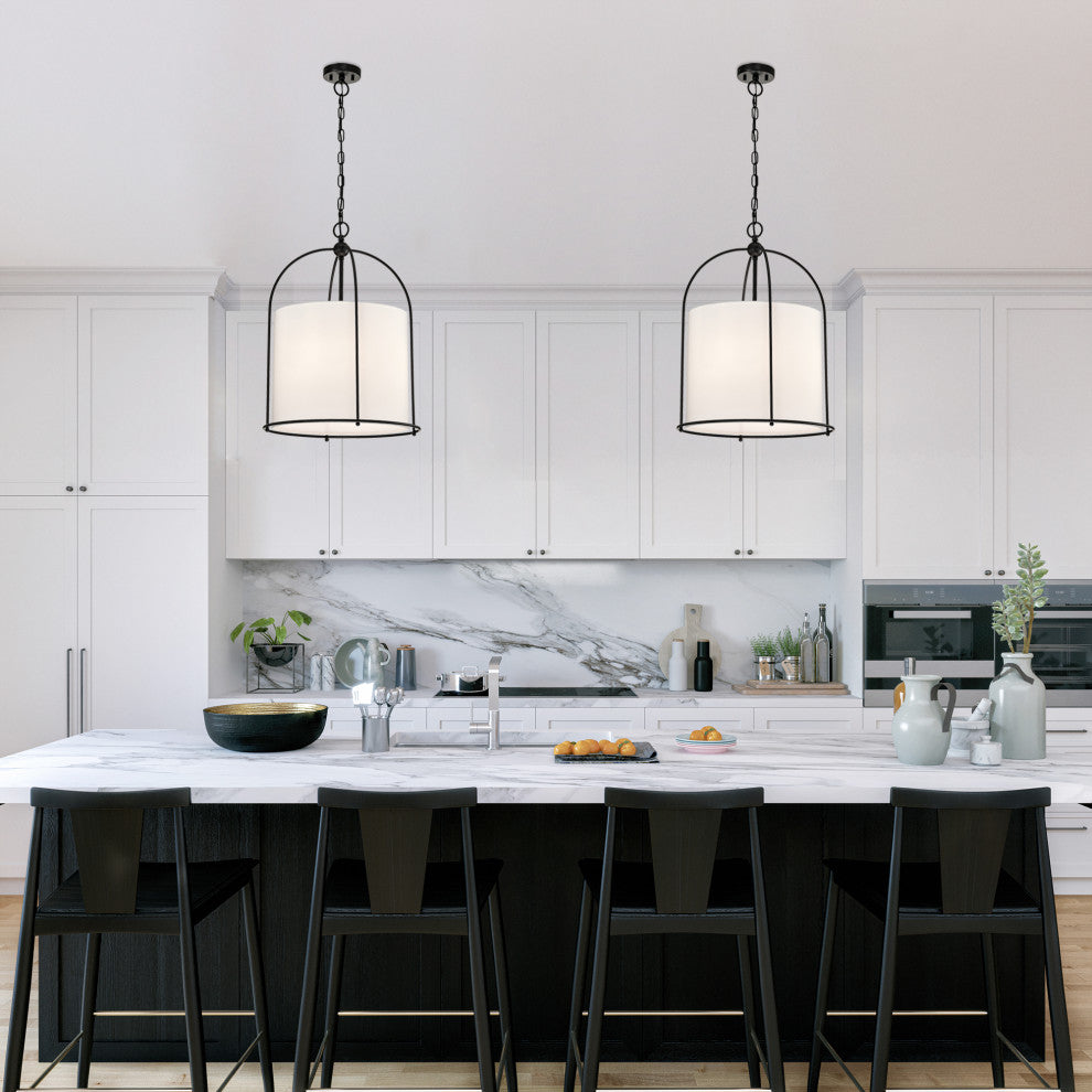 3-Light Matte Black Finish 18 in. Cage Chandelier With White Fabric Shade