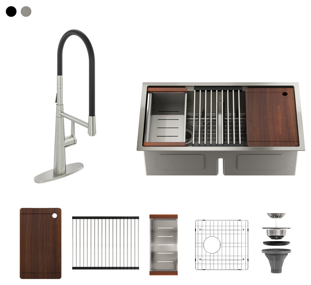 33in Stainless Steel Double Bowl Undermount Workstation Kitchen Sink/ Faucet, Brushed Nickel