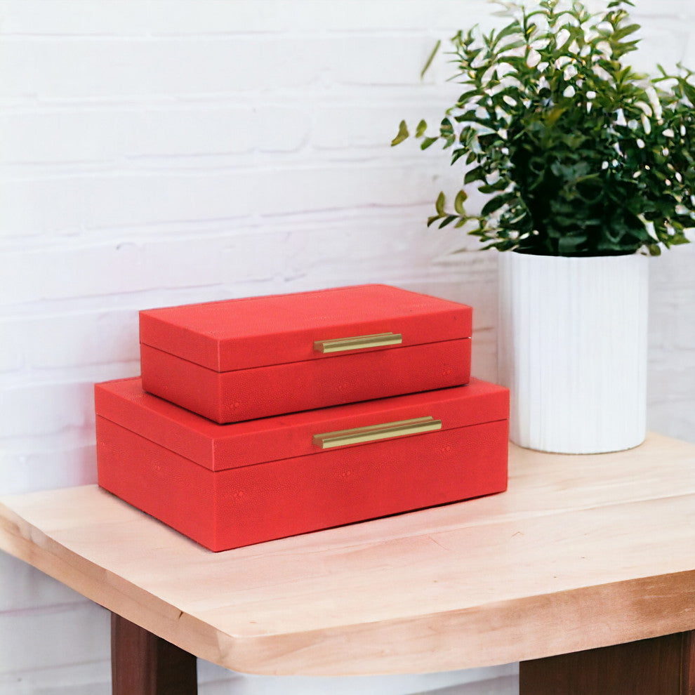 Lusan Rectangular Decorative Box Set, Red Faux Shagreen