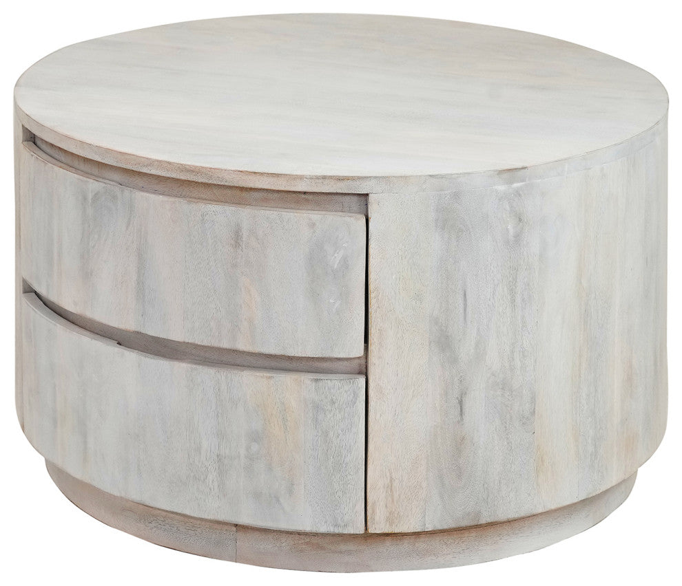 Christa 2-Drawer 30" Round Coffee Table, Whitewash